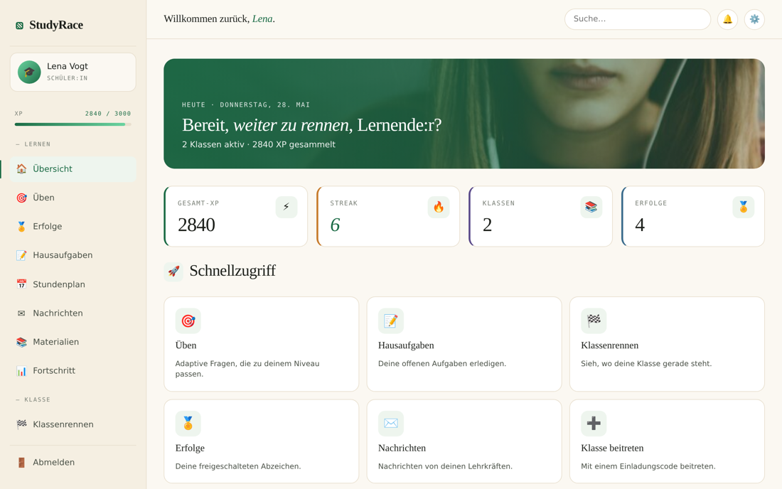 Schüler-Dashboard von StudyRace mit XP, Streak und Klassenrennen