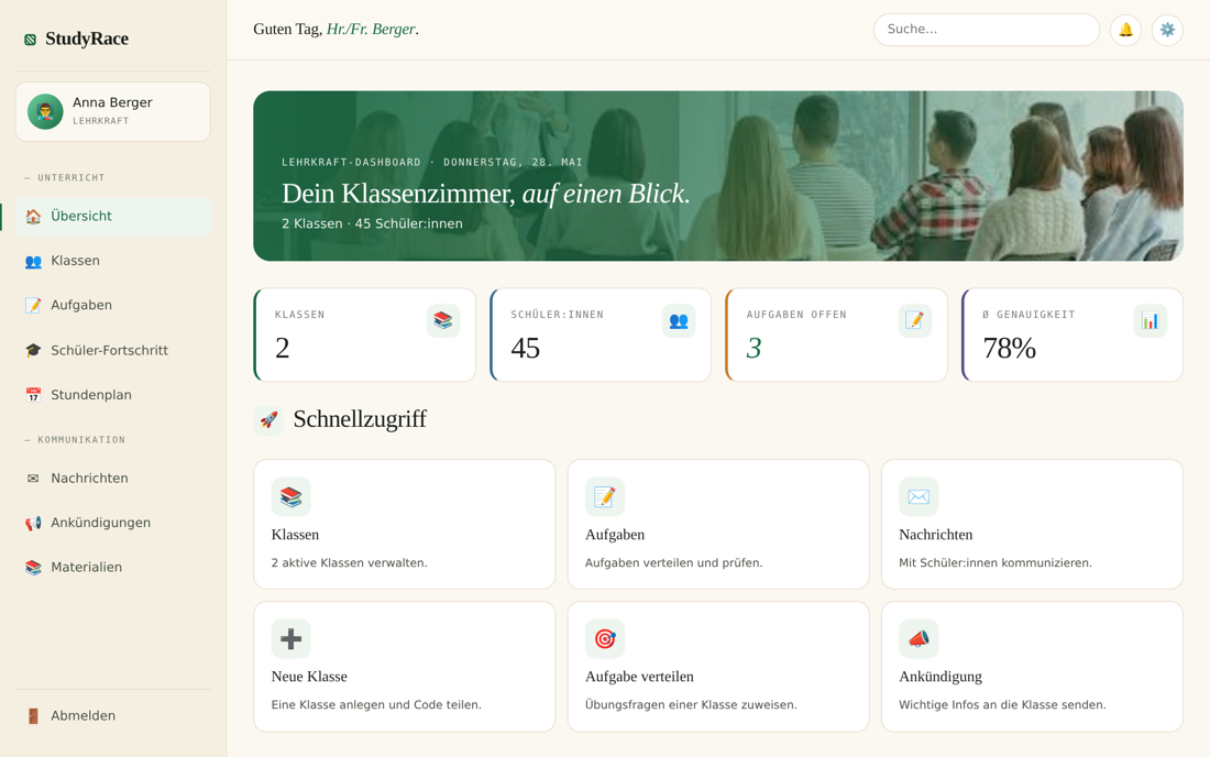 Lehrkraft-Dashboard von StudyRace mit Klassenübersicht